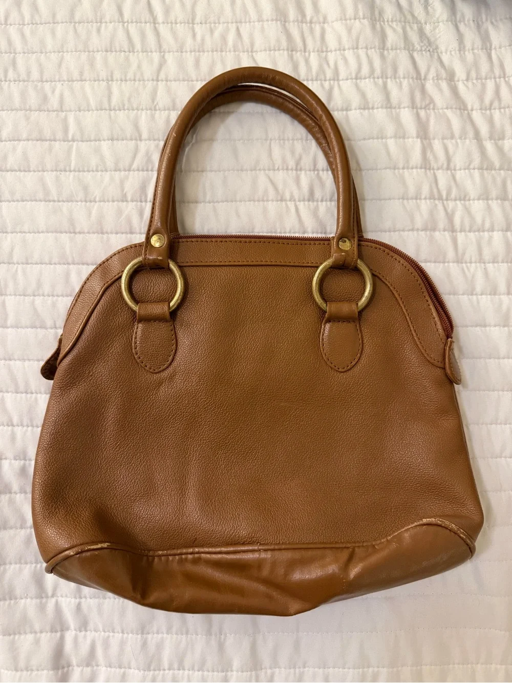 Structured Tan Leather Shoulder Bag with Gold Rings